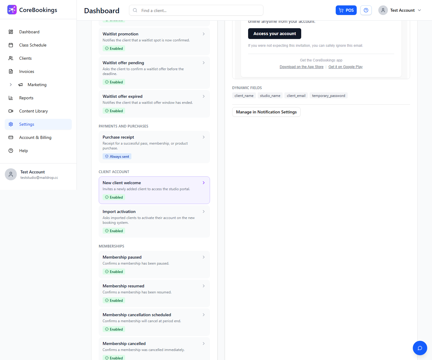 CoreBookings Email Templates page showing New client welcome preview