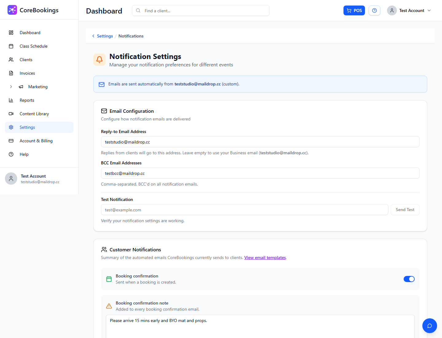 CoreBookings Notification Settings showing BCC Email Addresses