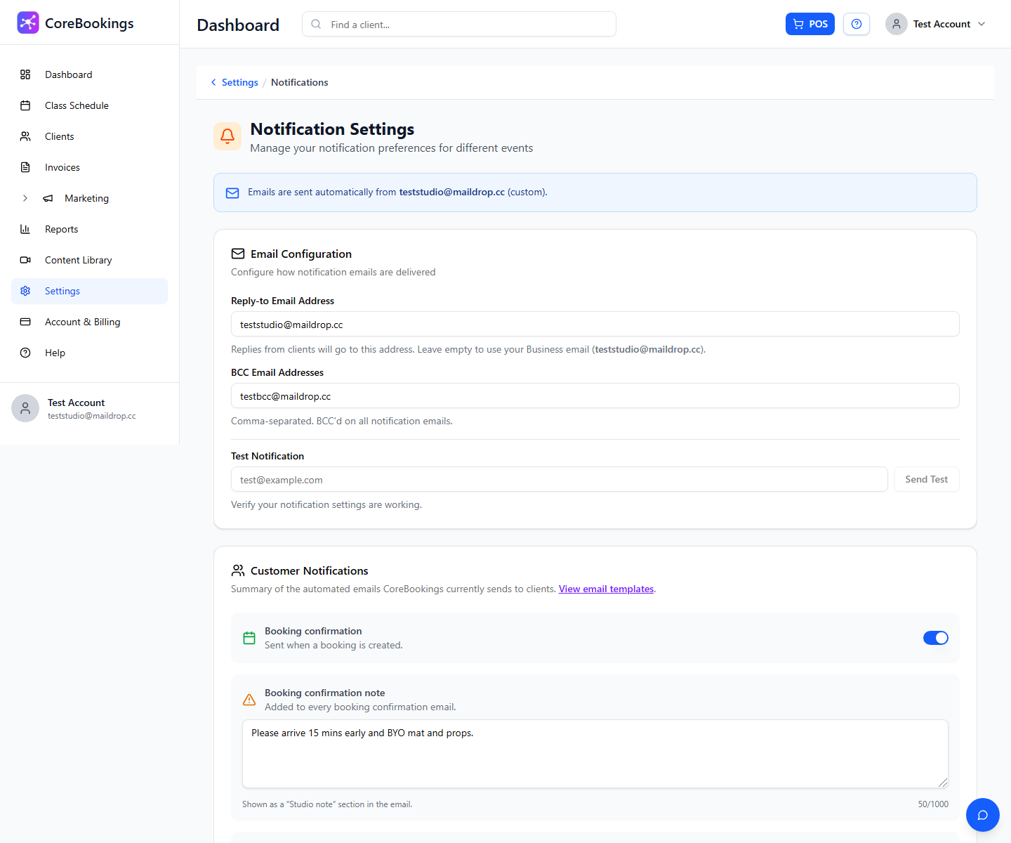 Settings Notifications page for booking email options