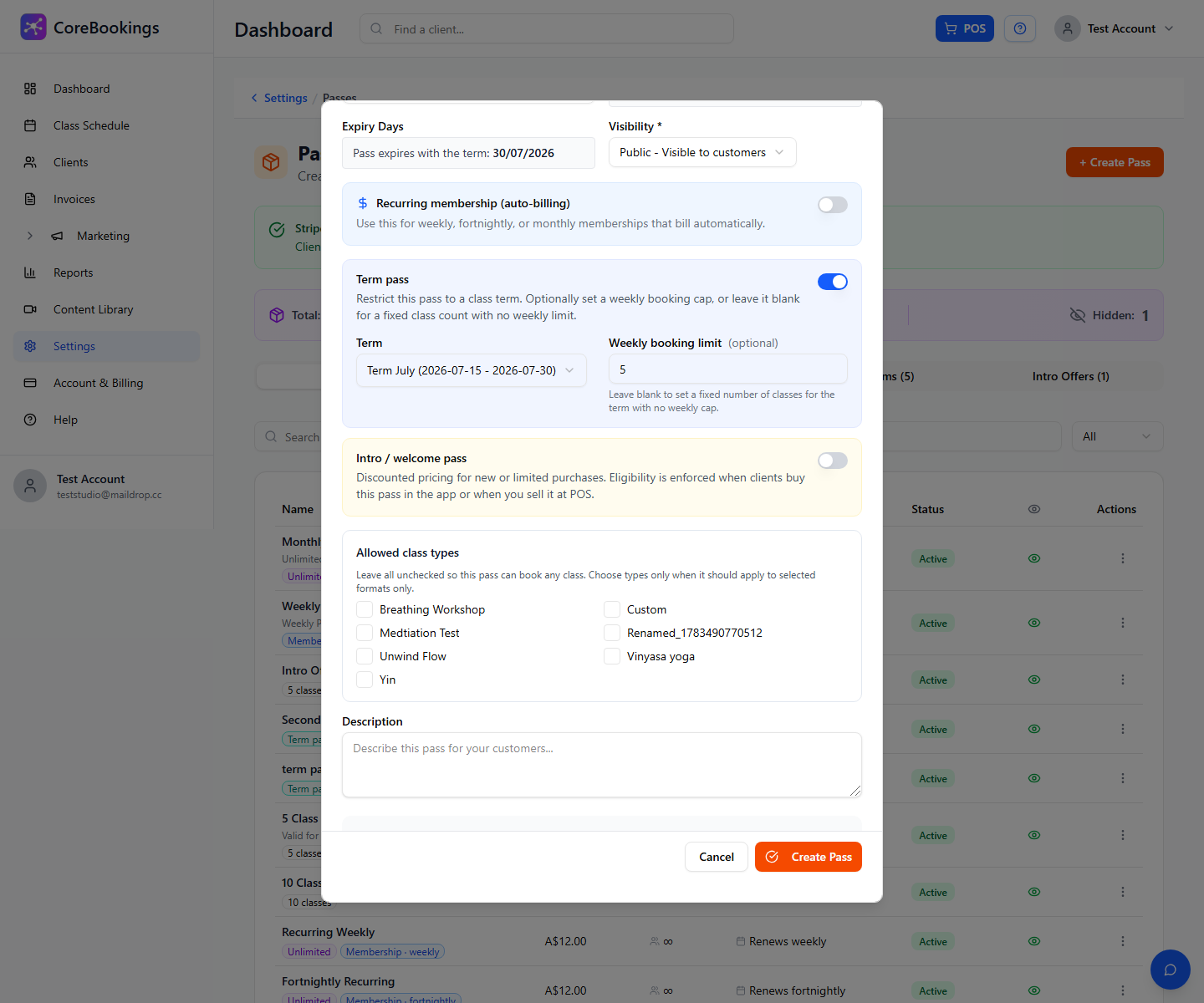 CoreBookings pass editor with Term pass enabled