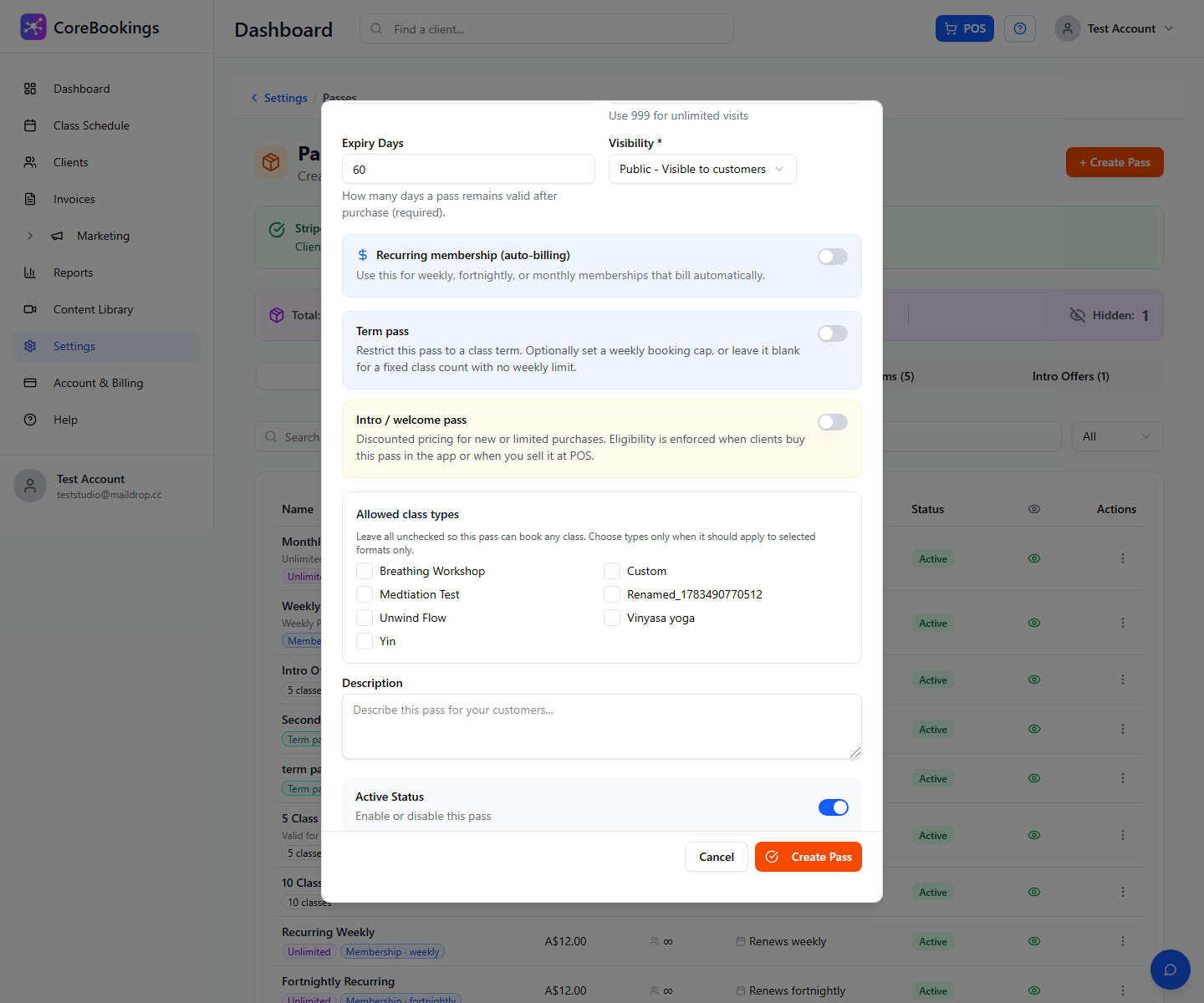 CoreBookings pass editor with Allowed class types limited to Workshop