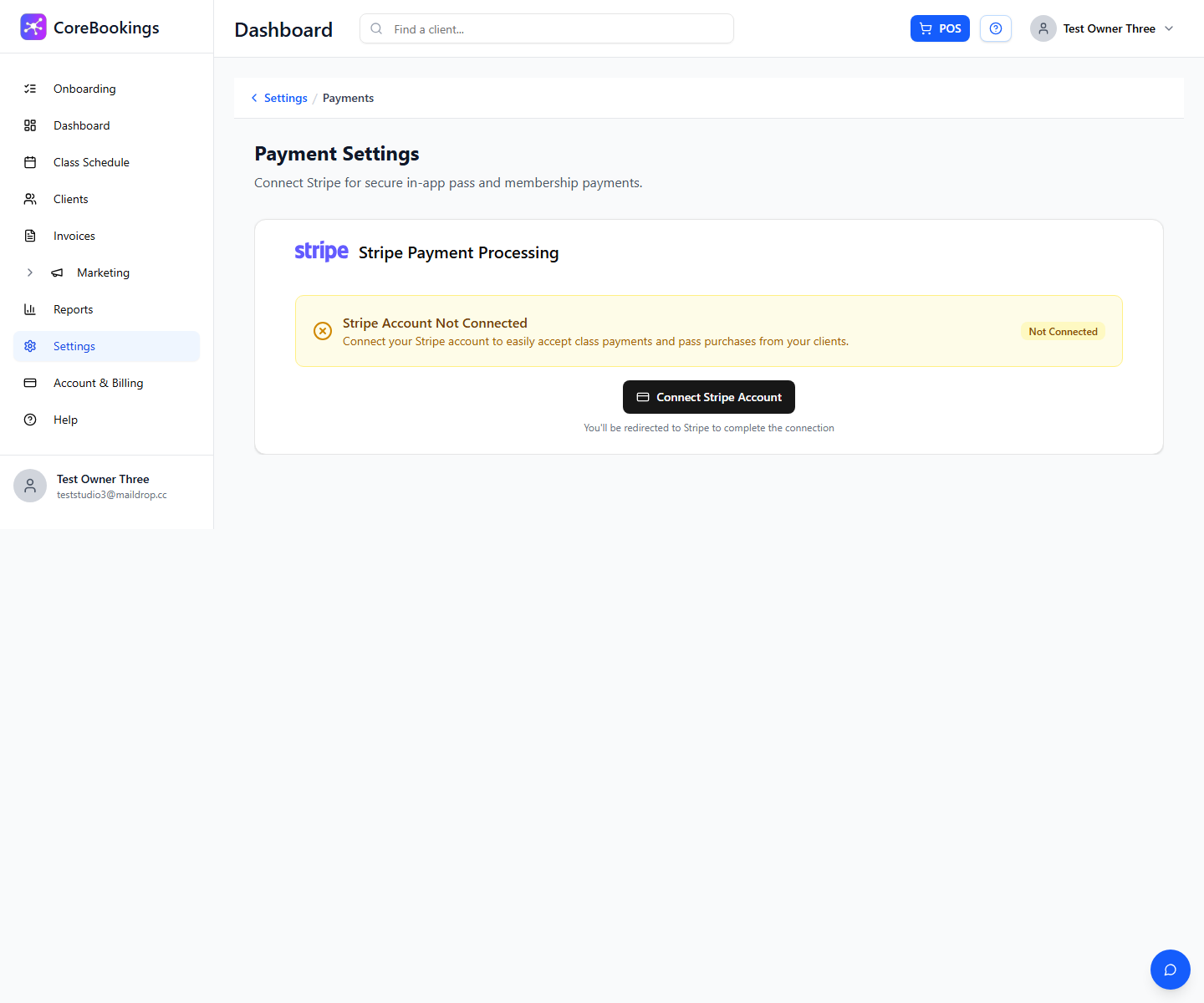 CoreBookings Payment Settings page showing Connect Stripe Account button