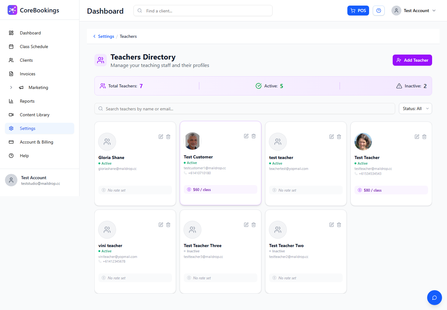 CoreBookings Teachers Directory page showing teacher cards and Add Teacher button