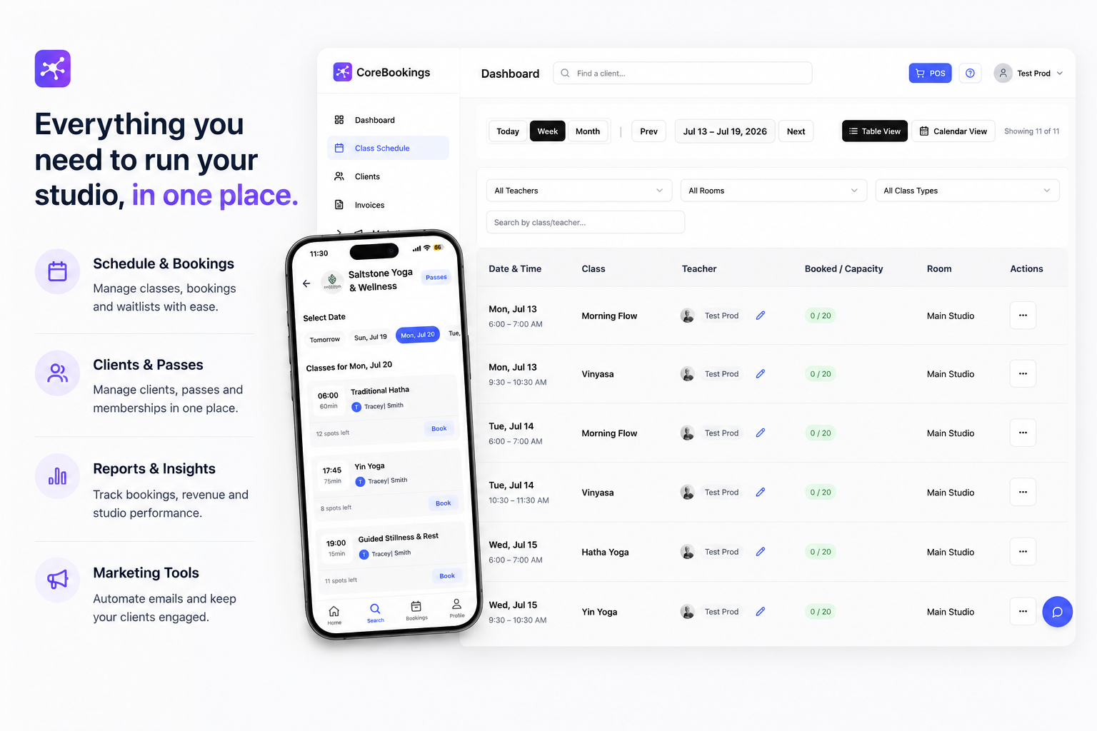 CoreBookings class schedule and student booking app for a yoga studio