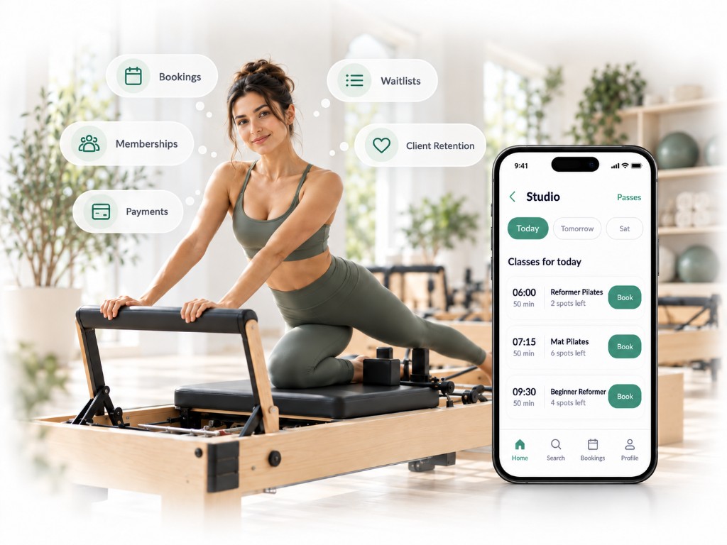 Instructor on a Pilates reformer with the CoreBookings studio app — bookings, memberships, waitlists, payments and client retention