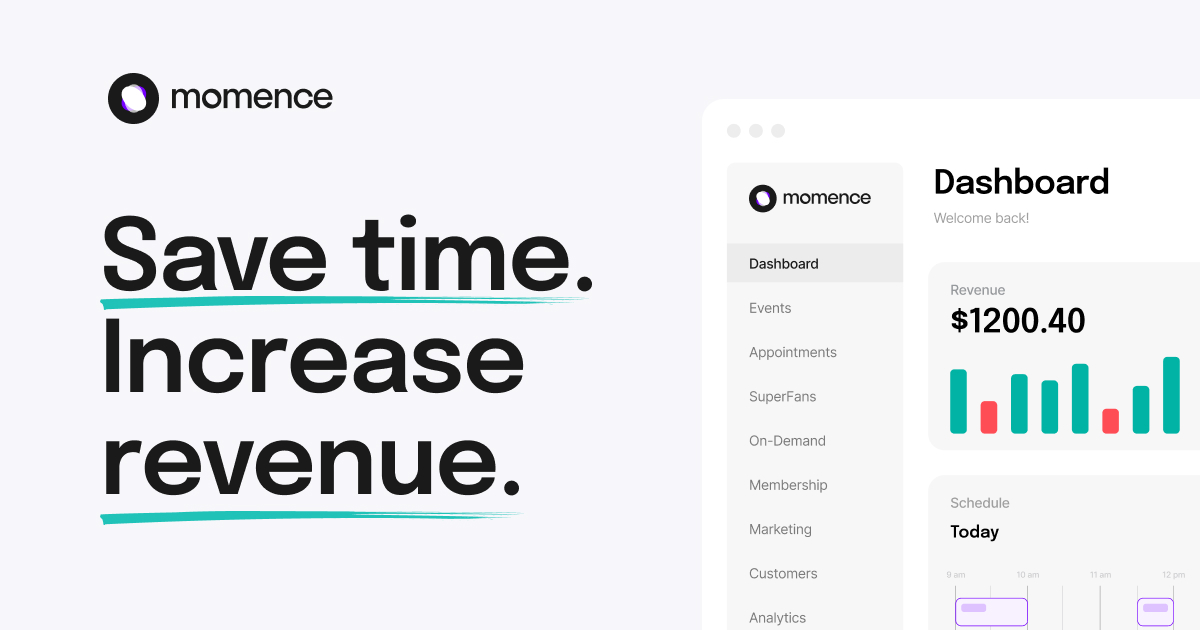 Momence studio dashboard showing revenue and today's schedule