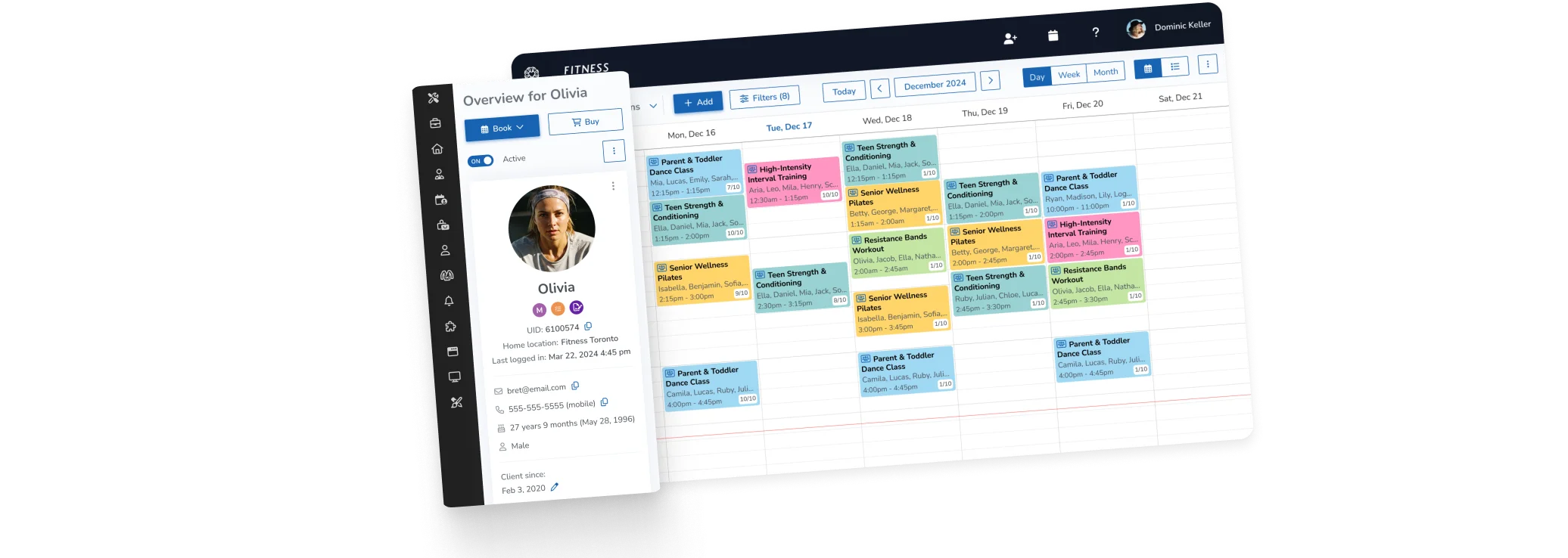 WellnessLiving weekly class schedule and client overview panel