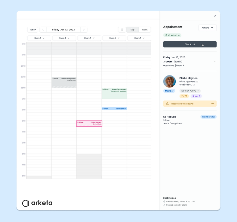 Arketa studio schedule dashboard with room columns and appointment details