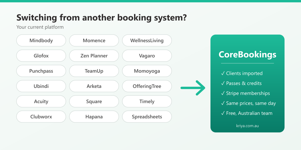 Switching from Mindbody, Momence, WellnessLiving and other booking systems to CoreBookings