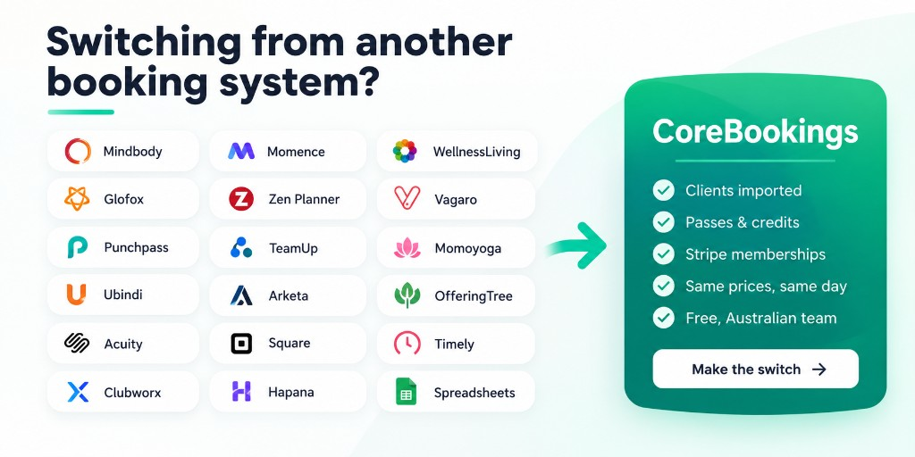 Switching from another booking system? Competitor logos and CoreBookings migration checklist — clients imported, passes and credits, Stripe memberships